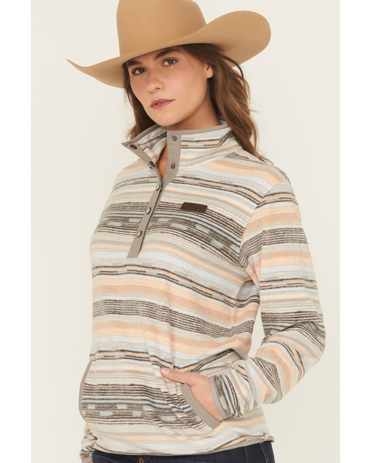 Image #2 - Cinch Women's Striped Print Polar Fleece Snap Pullover, Purple, hi-res