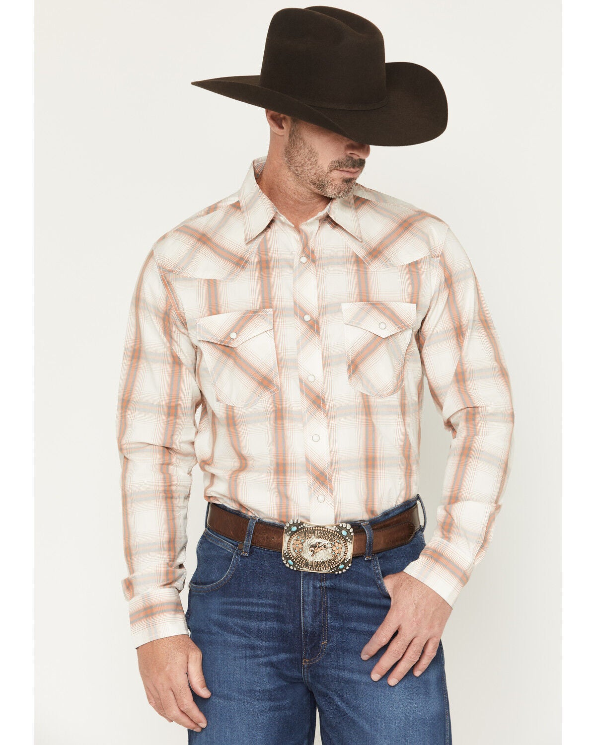 Wrangler 20X Men's Plaid Print Long Sleeve Snap Stretch Western Shirt, Cream, hi-res