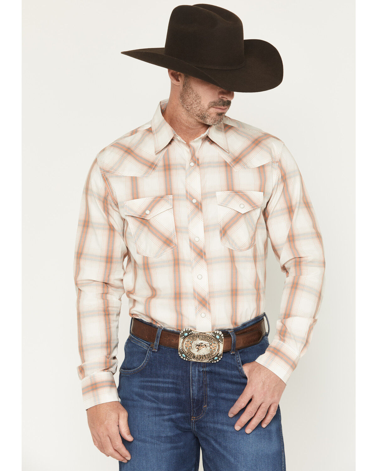 Image #1 - Wrangler 20X Men's Plaid Print Long Sleeve Snap Stretch Western Shirt, Cream, hi-res