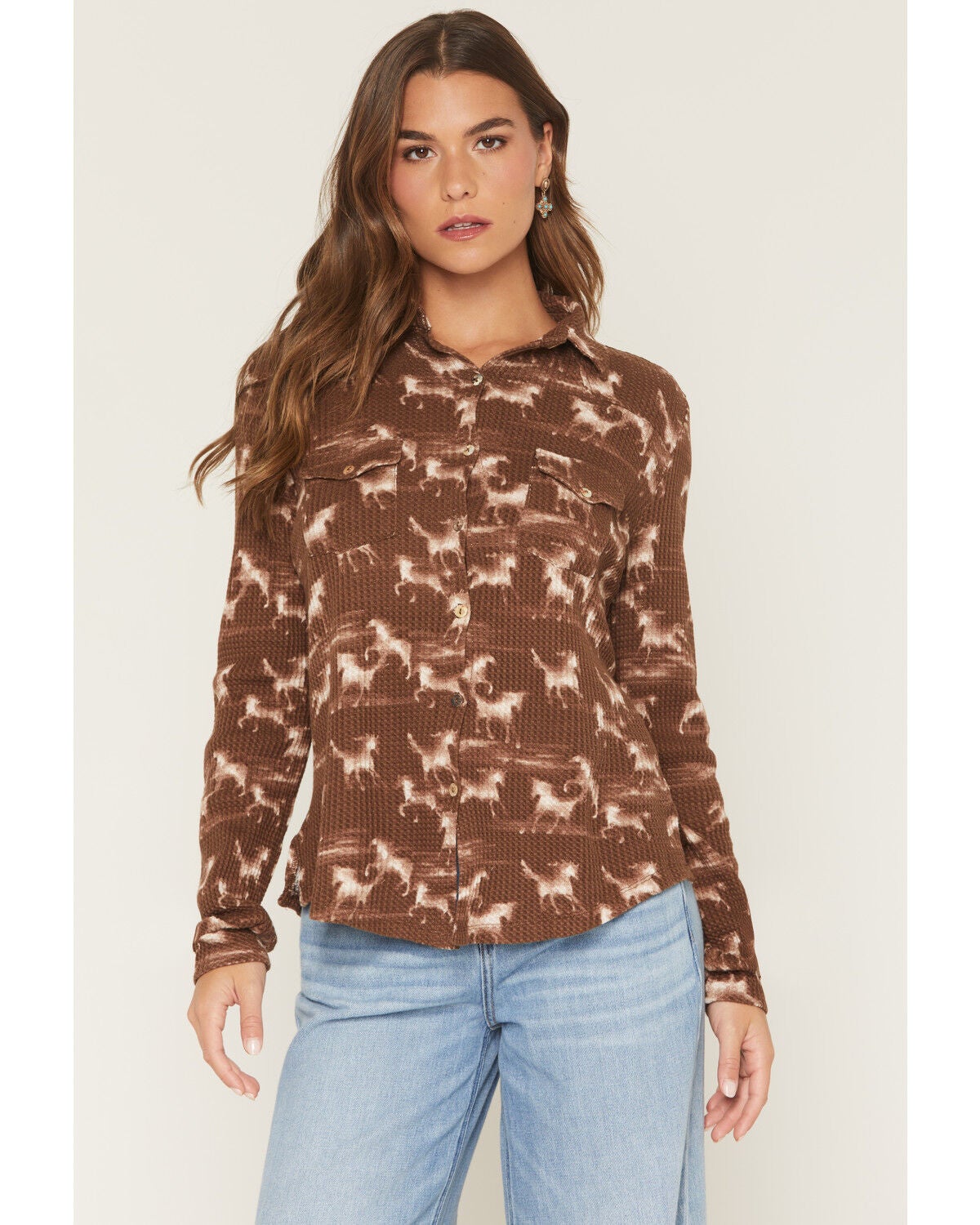 Wild Moss Women's Horse Print Long Sleeve Button-Down Western Shirt, Brown, hi-res