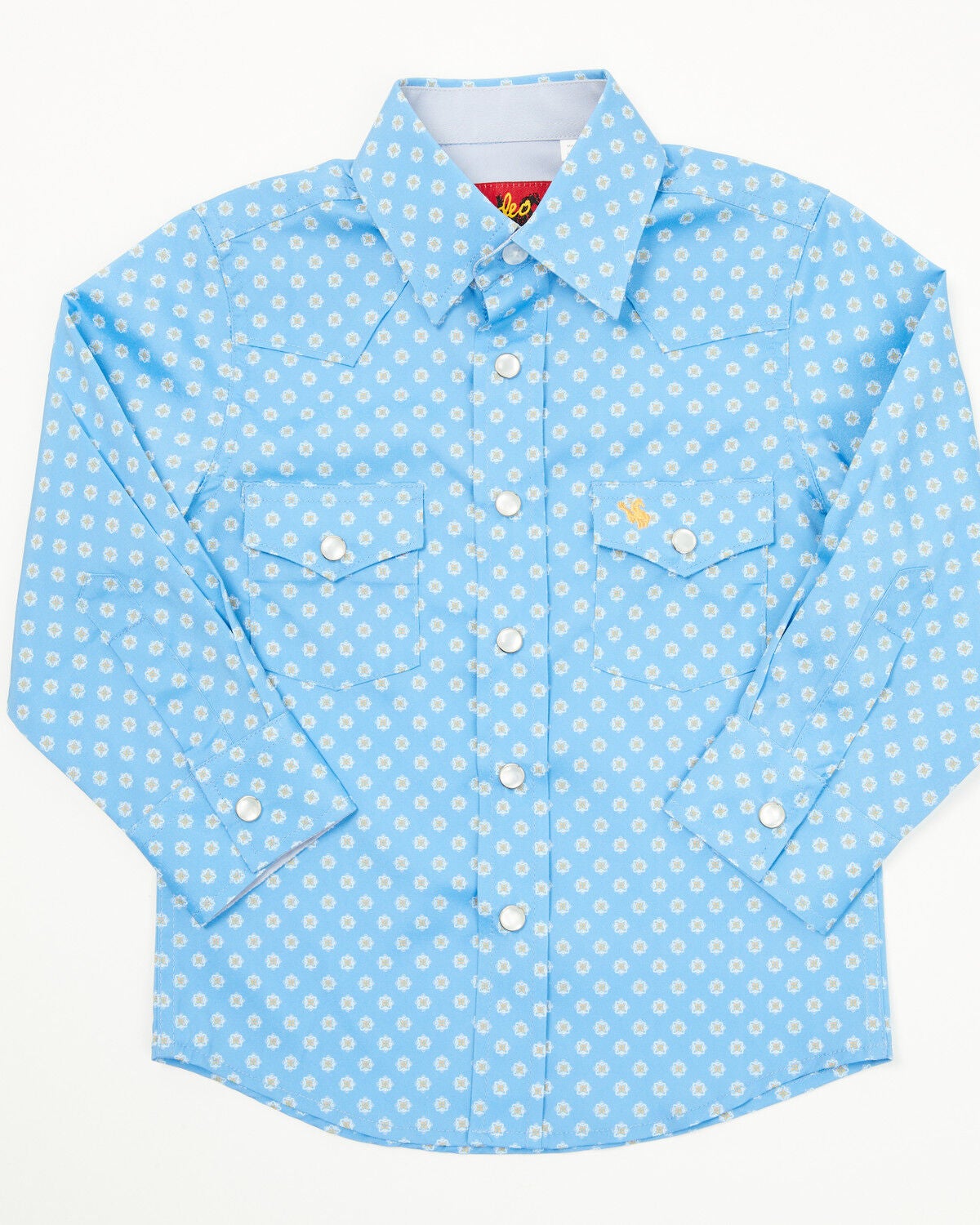 Rodeo Clothing Boys' Geo Print Short Sleeve Pearl Snap Stretch Western Shirt, Blue, hi-res