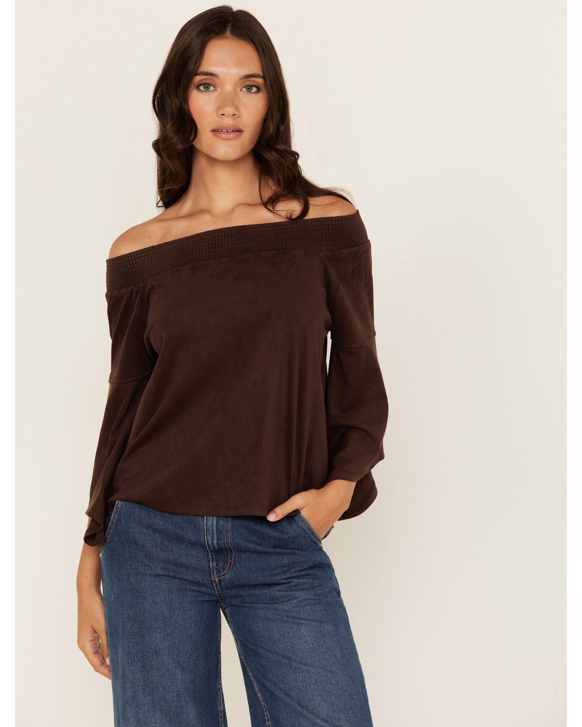 Shyanne Women's Solid Faux Suede Off The Shoulder Long Sleeve Shirt, Chocolate, hi-res