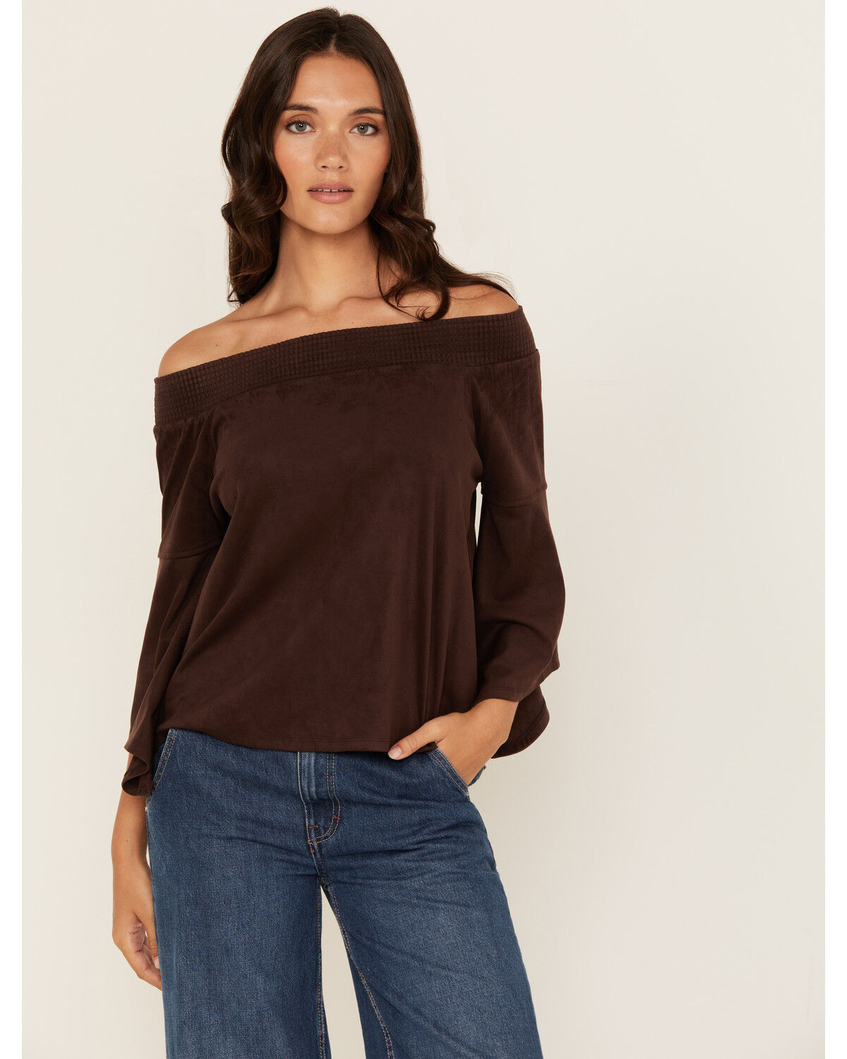 Image #1 - Shyanne Women's Solid Faux Suede Off The Shoulder Long Sleeve Shirt, Chocolate, hi-res