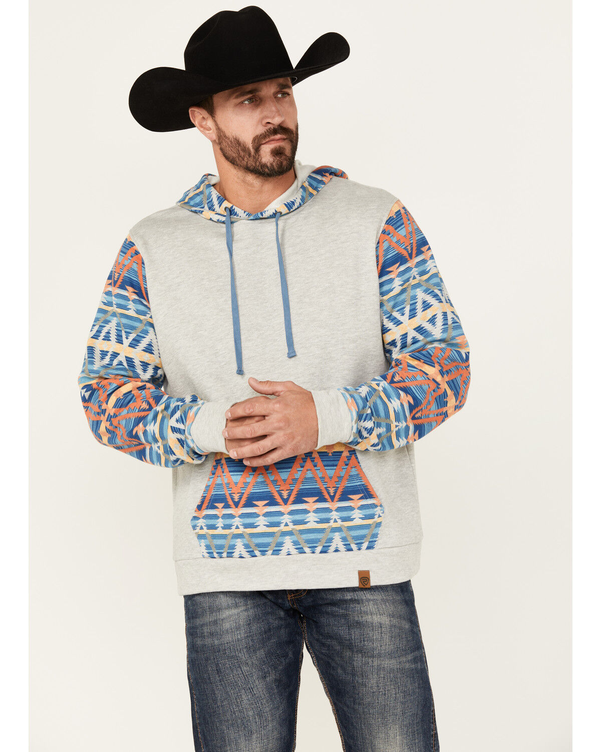Image #1 - Rock & Roll Denim Men's Southwestern Print Color Block Hooded Sweatshirt, Grey, hi-res