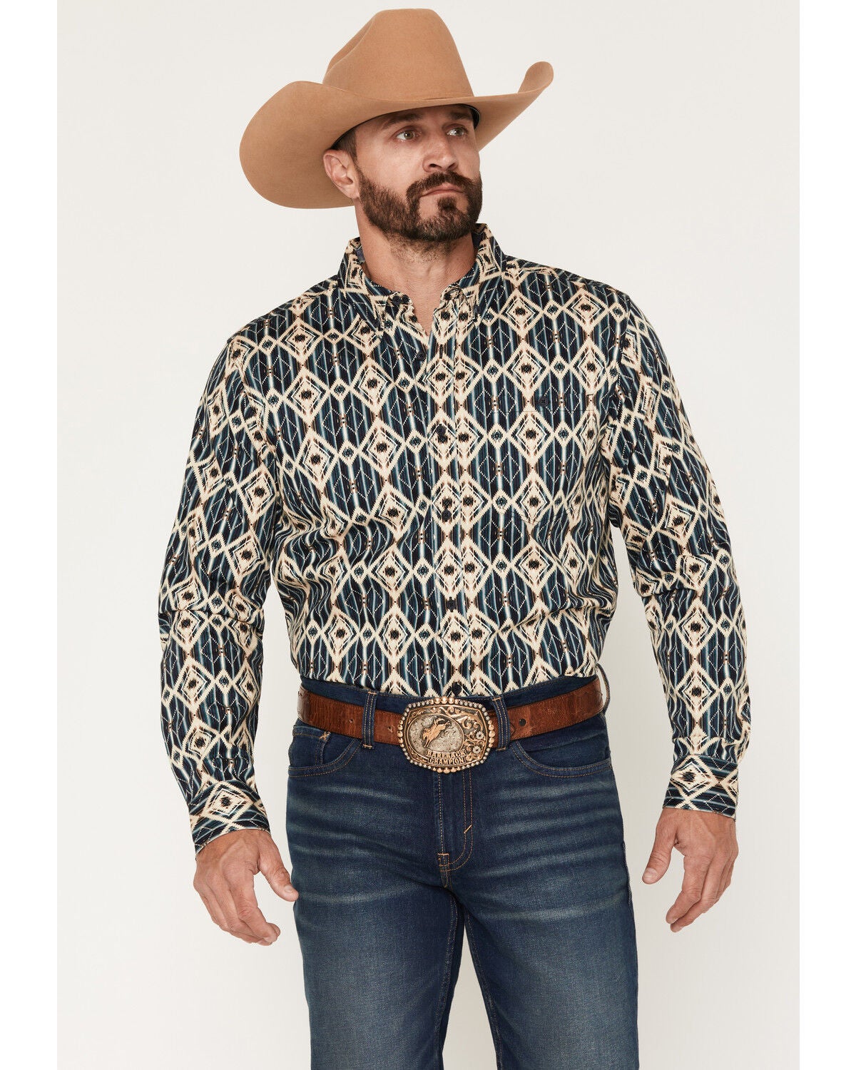 RANK 45&reg; Men's Mohave Southwestern Print Long Sleeve Button-Down Stretch Western Shirt, Navy, hi-res