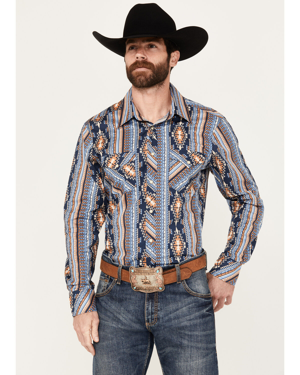 Image #1 - Rock & Roll Denim Men's Southwestern Print Long Sleeve Stretch Western Snap Shirt, , hi-res