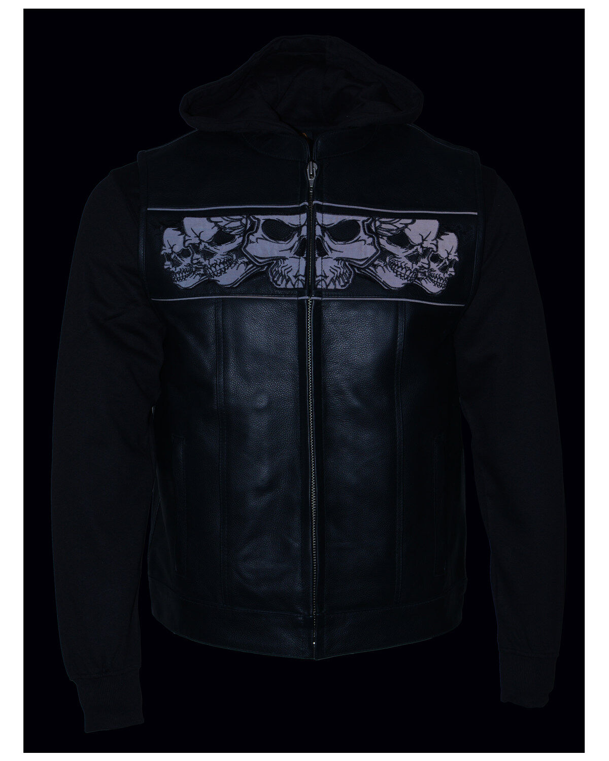 Image #4 - Milwaukee Leather Men's Leather Concealed Carry Vest with Reflective Skulls and Removeable Hoodie, Black, hi-res