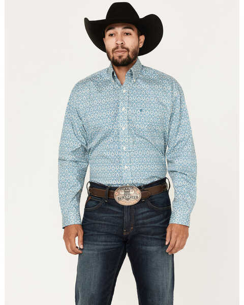 Stetson Men's Floral Geo Print Long Sleeve Western Shirt, Blue, hi-res