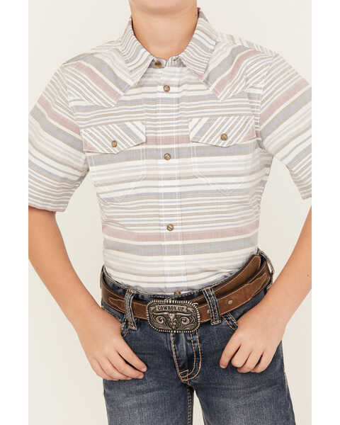Image #3 - Cody James Boys' Striped Short Sleeve Snap Western Shirt, Tan, hi-res
