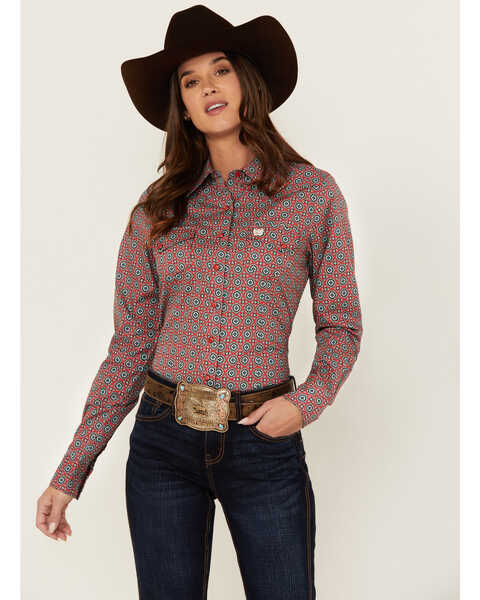 Cinch Women's Printed Long Sleeve Snap Western Shirt , Red, hi-res