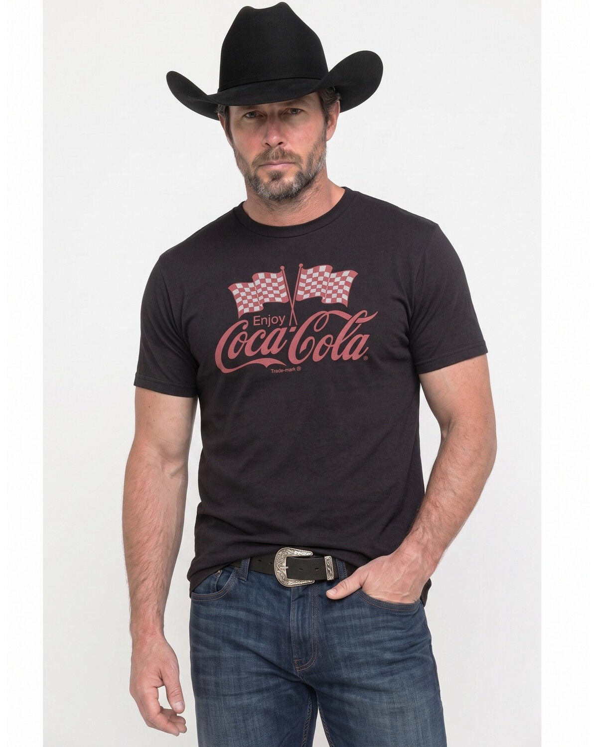 Image #1 - Americana Men's Coca Cola Flags Short Sleeve Graphic T-Shirt, Black, hi-res