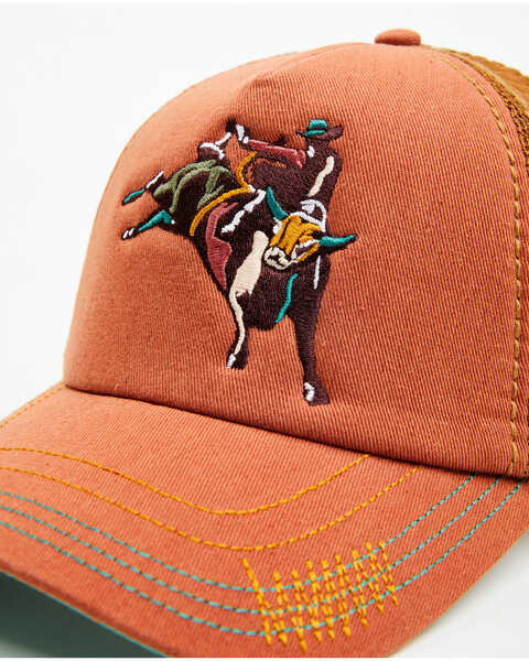 Image #2 - Catchfly Women's Bucking Bull Rider Embroidered Ponytail Ball Cap, Orange, hi-res