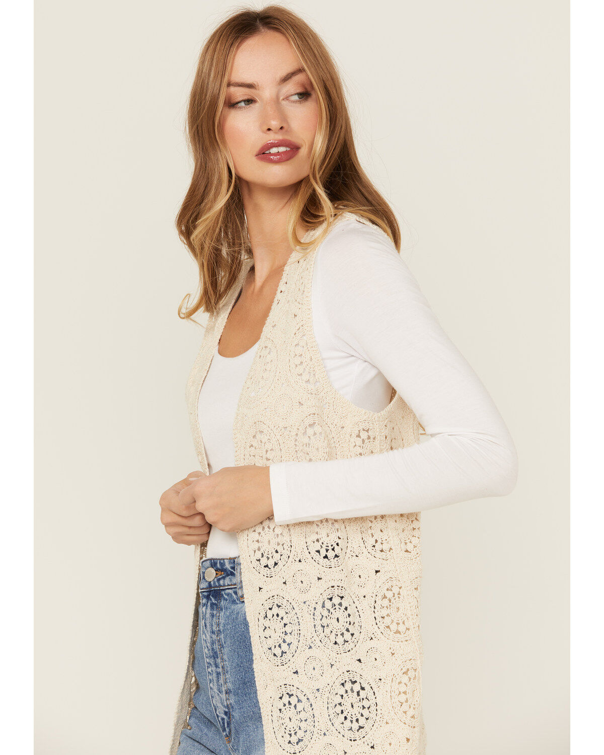 Image #2 - Miss Me Women's Long Vest, Cream, hi-res