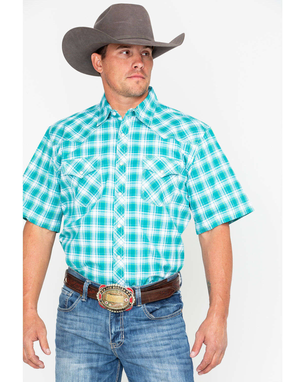 Image #2 - Wrangler 20x Men's Green Plaid Advanced Comfort Short Sleeve Western Shirt , , hi-res