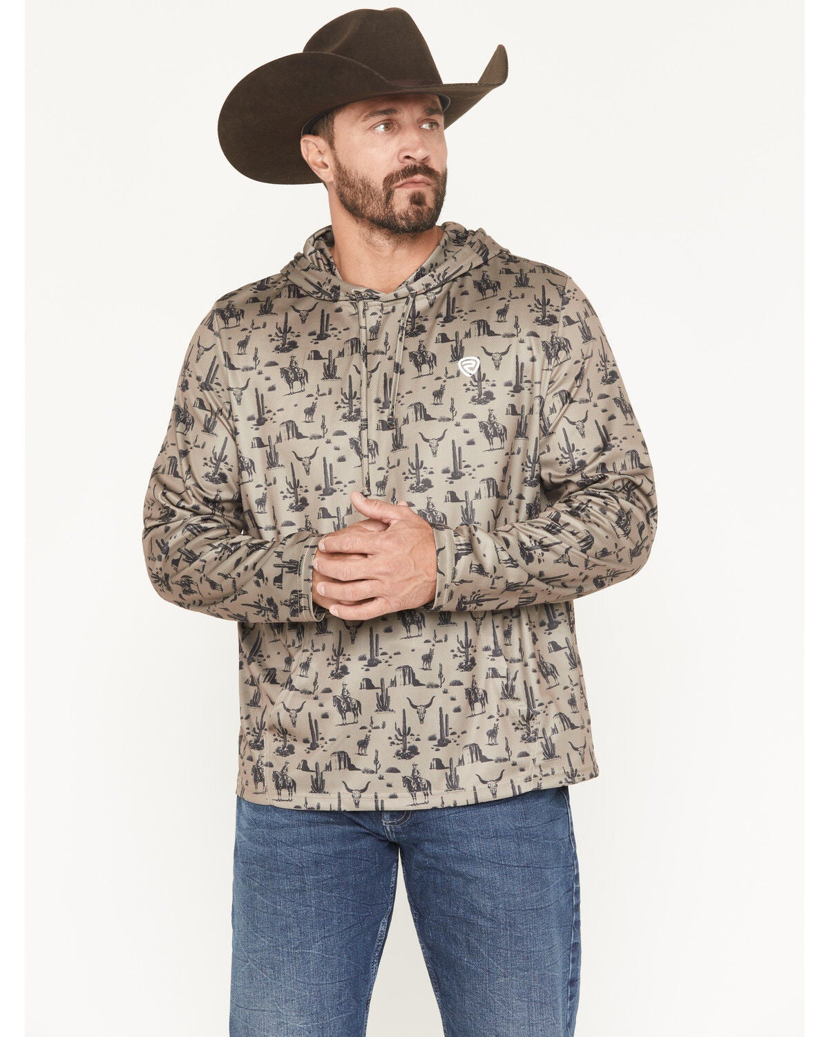 Rock & Roll Denim Men's Novelty Print Performance Hooded Sweatshirt, Taupe, hi-res