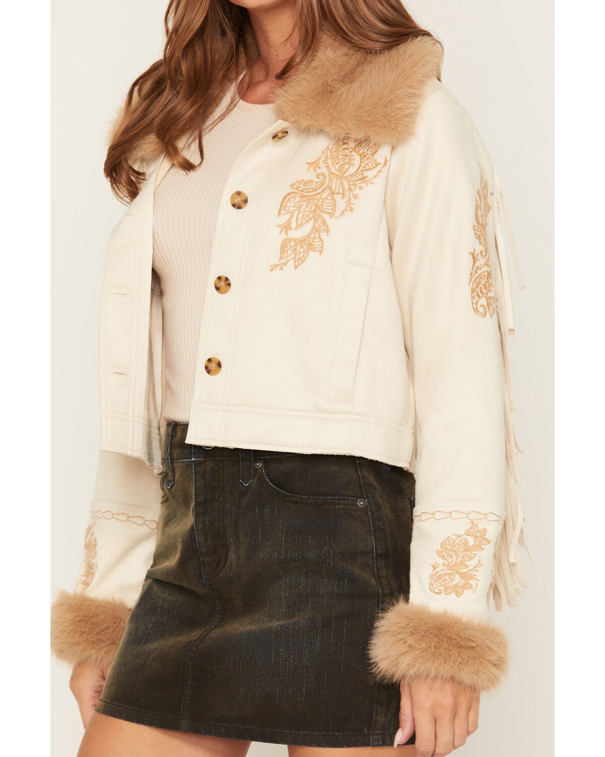 Image #3 - Shyanne Women's Merritt Embroidered Faux Suede Jacket, Beige, hi-res