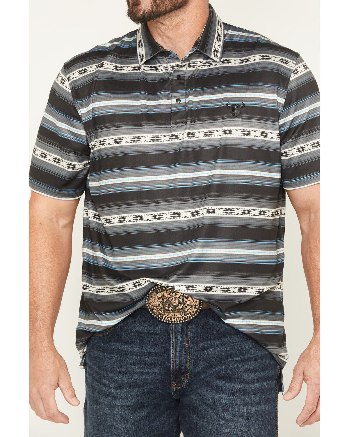 Image #3 - Cowboy Hardware Men's Southwestern Striped Print Short Sleeve Snap Polo, Black, hi-res