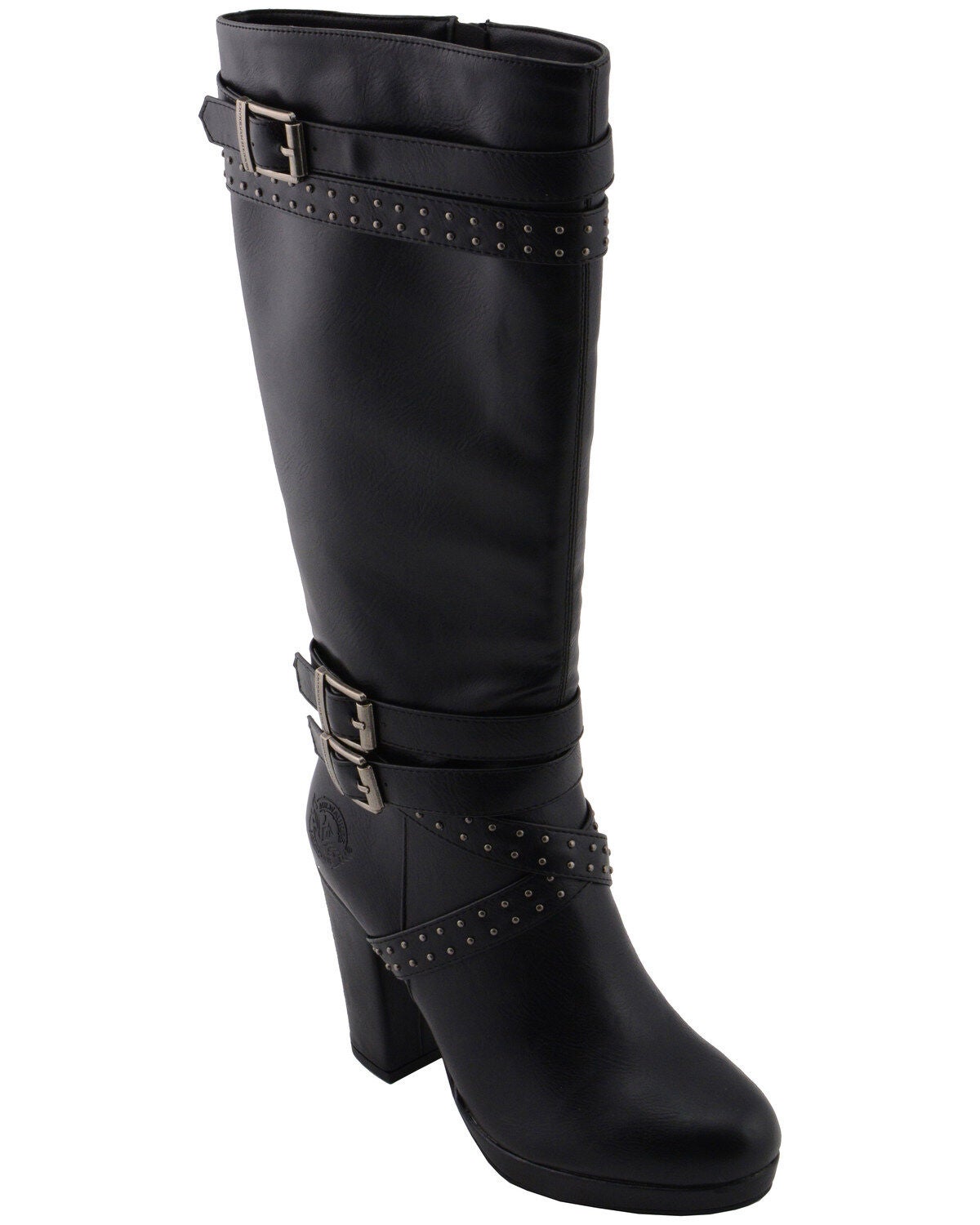 Milwaukee Leather Women's Platform Heel Studded Strap Boot - Round Toe, Black, hi-res