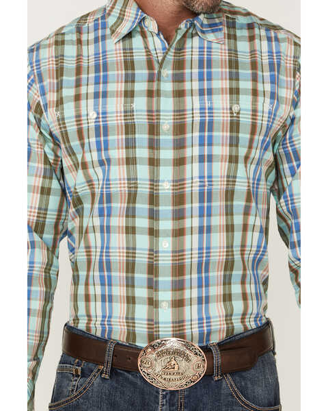 Resistol Men's Hampton Plaid Print Long Sleeve Button Down Western Shirt , Light Green, hi-res