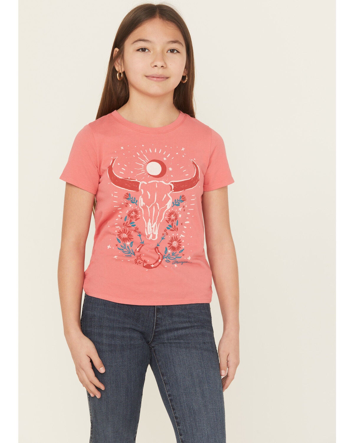 Wrangler Girls' Steer Short Sleeve Graphic Tee, Red, hi-res