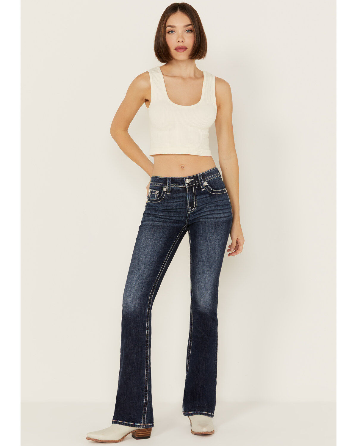 Image #3 - Miss Me Women's Dark Wash Mid Rise Patchwork Pocket 34" Bootcut Stretch Denim Jeans, Dark Wash, hi-res