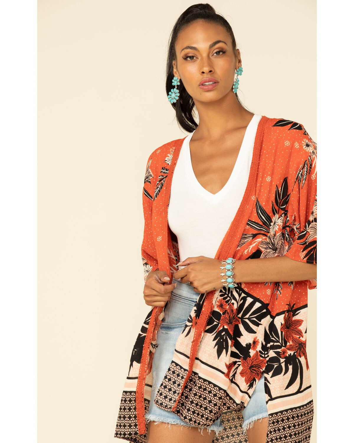 Image #5 - Patrons of Peace Women's Rust Floral Border Print Kimono, , hi-res