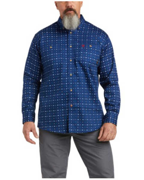 Ariat Men's FR Twilight Geo Print Long Sleeve Button Down Work Shirt , White, hi-res