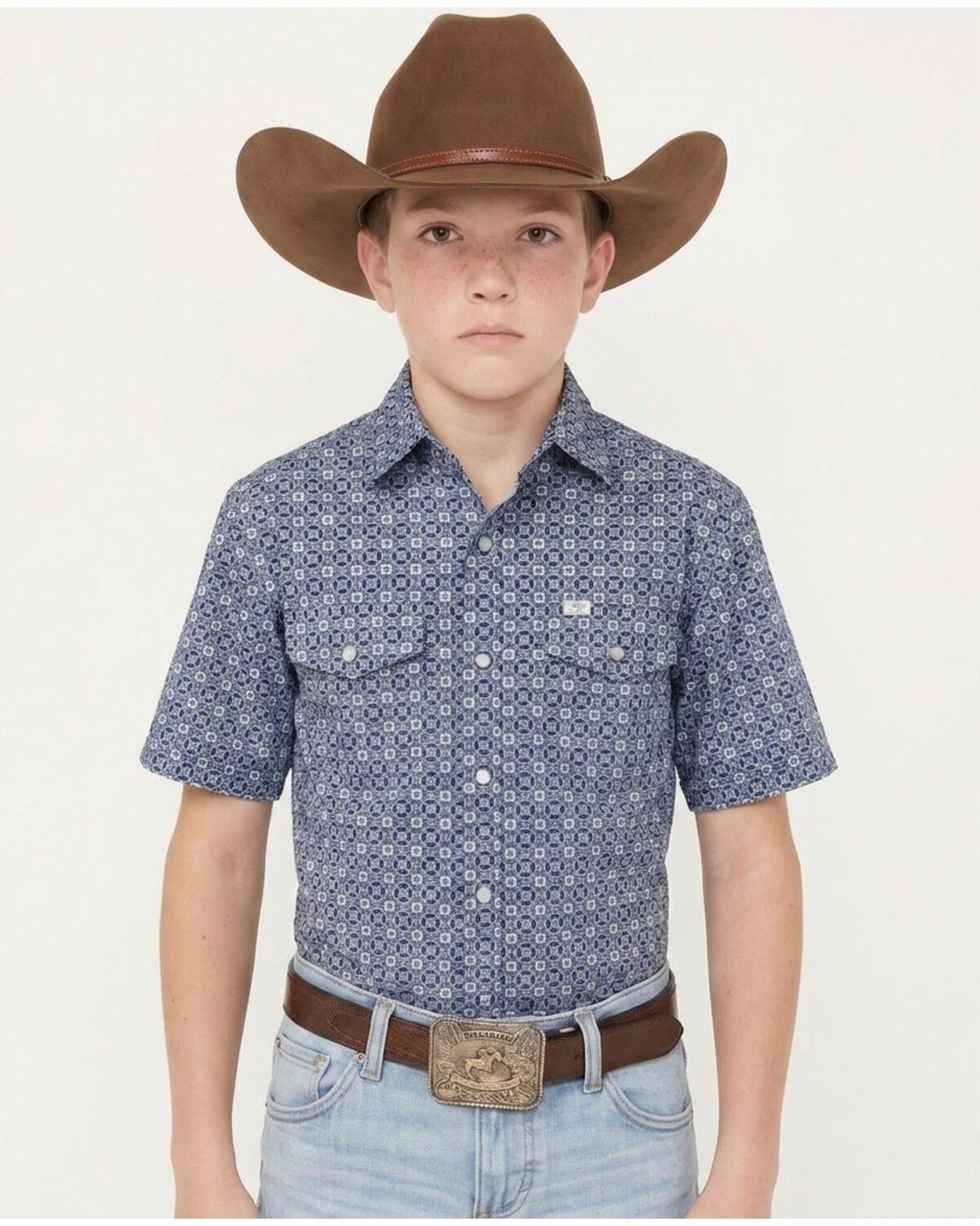 Image #1 - Ferrell Boys' Emmerson TEK Geo Print Short Sleeve Pearl Snap Stretch Western Shirt, Blue, hi-res