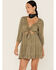 Lush Women's Tie Front Cutout Tiered Long Sleeve Dress, Olive, hi-res