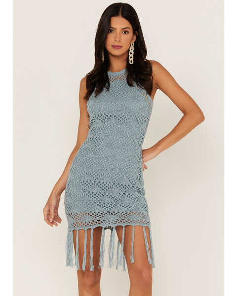 Shyanne Women's Yarn Crochet Fringe Trim Midi Dress, Light Blue, hi-res