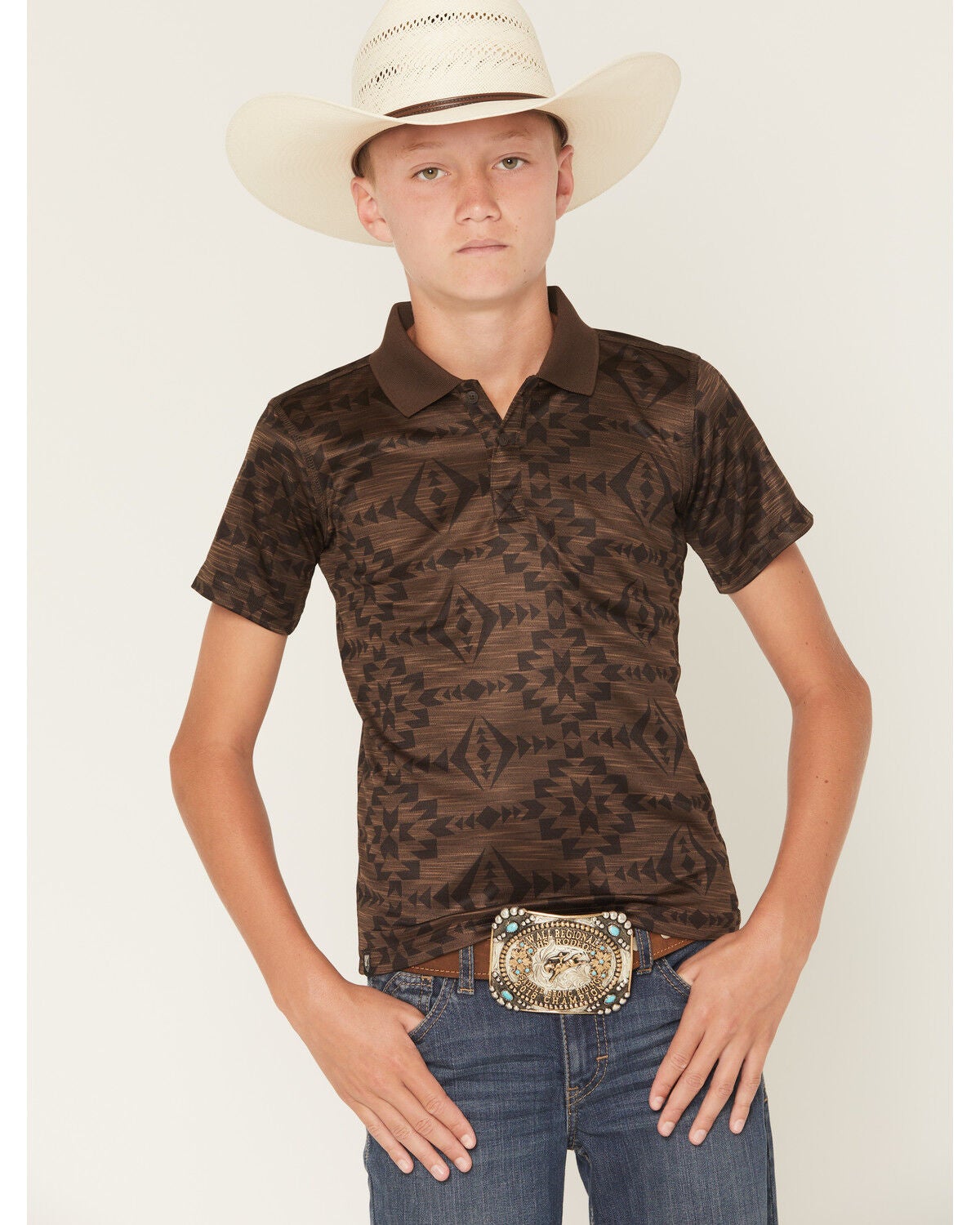 RANK 45&reg; Boys' Tonal Southwestern Short Sleeve Button-Down Polo Shirt, Coffee, hi-res