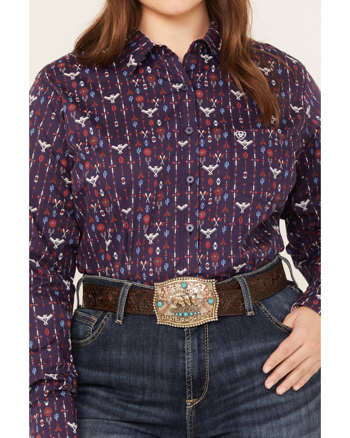 Image #3 - Ariat Women's Southwestern Print Long Sleeve Kirby Stretch Button Down Shirt - Plus, Navy, hi-res