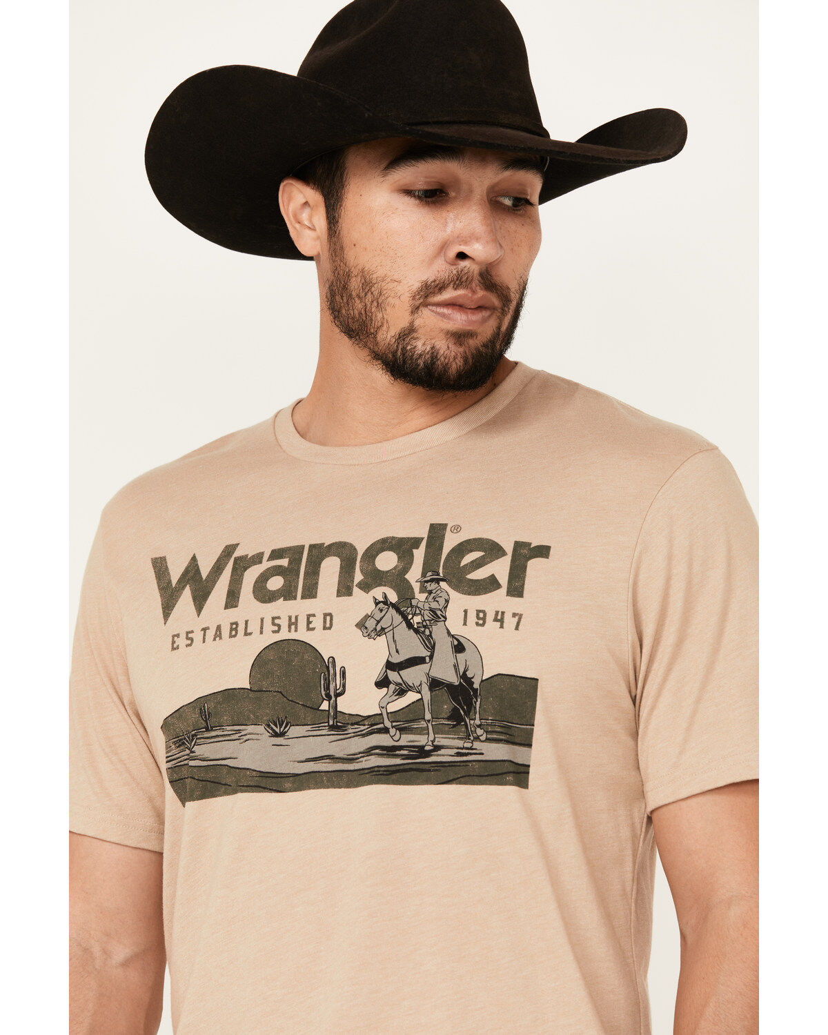 Image #2 - Wrangler Men's Boot Barn Exclusive Desert Logo Short Sleeve Graphic T-Shirt, Sand, hi-res