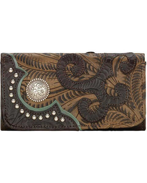 American West Women's Hand Tooled Tri-Fold Wallet, Chocolate, hi-res