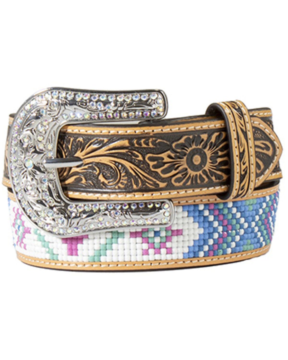 M & F Western Girls' Southwestern Tooled Belt, Multi, hi-res