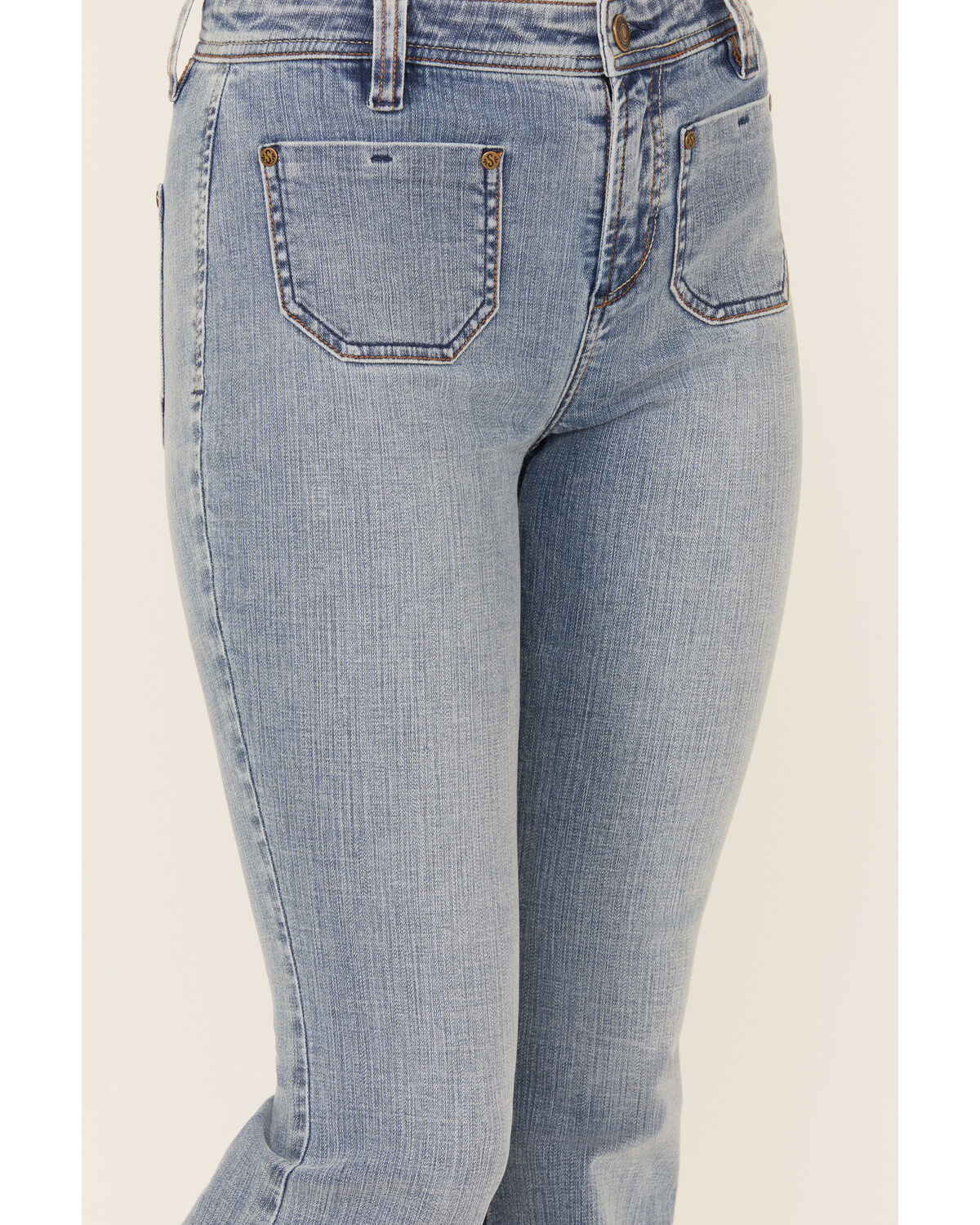 Image #2 - Shyanne Women's Luna Medium Wash High Rise Patch Pocket Flare Comfort Stretch Denim Jeans, Medium Wash, hi-res