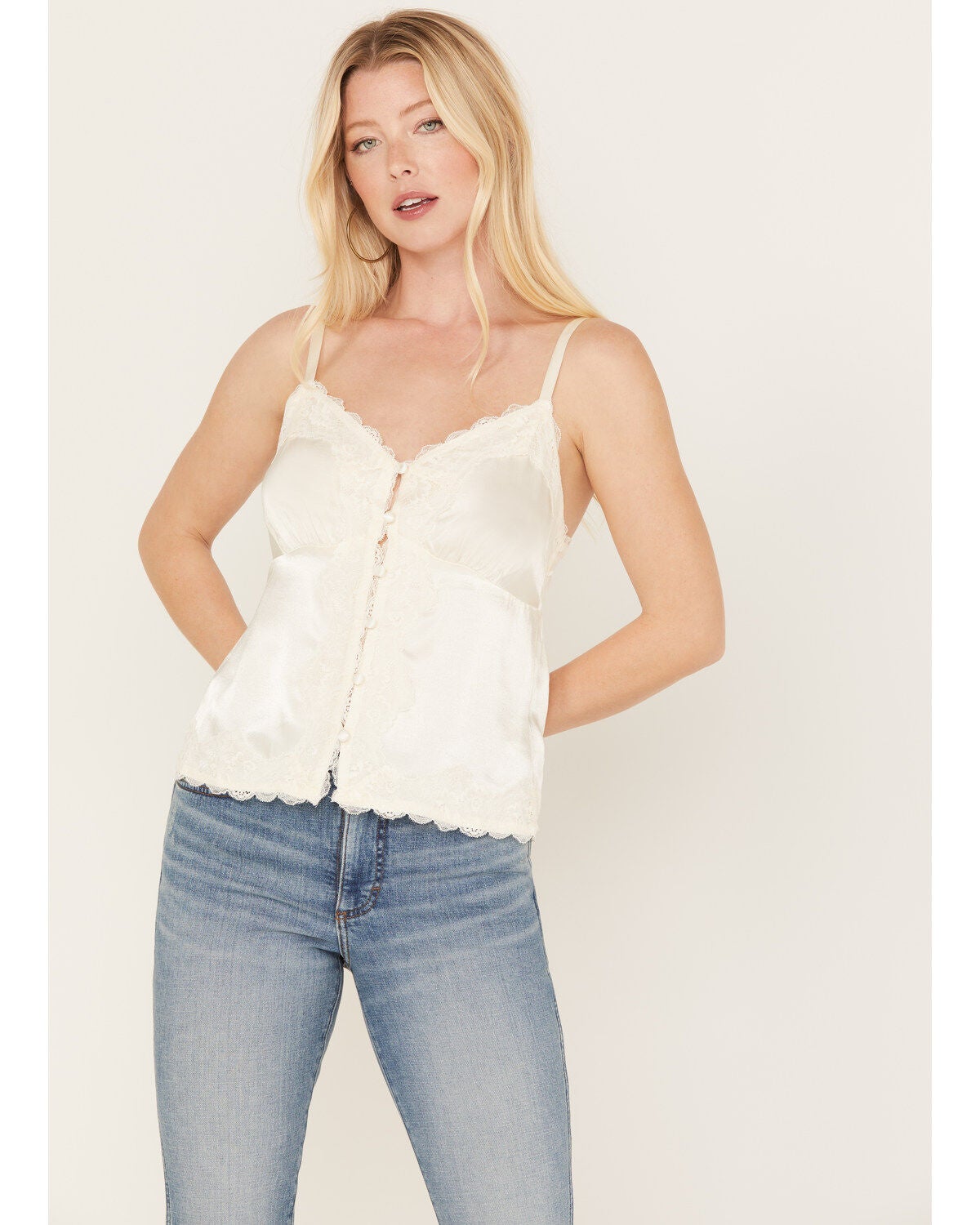 Shyanne Women's Button Front Lace Trimmed Tank Top, Cream, hi-res