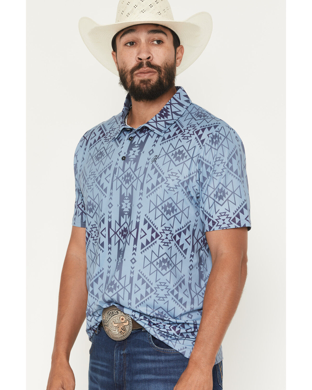 Image #2 - Hooey Men's The Weekender Southwestern Print Short Sleeve Button-Down Polo Shirt, Blue, hi-res