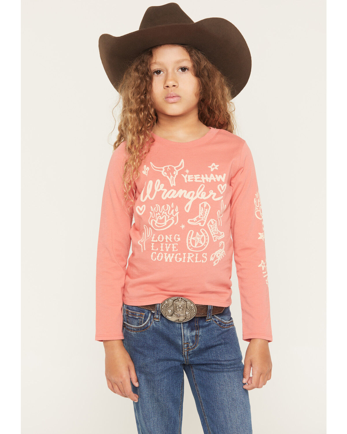 Image #1 - Wrangler Girls' Western Icon Long Sleeve Graphic Tee, Coral, hi-res