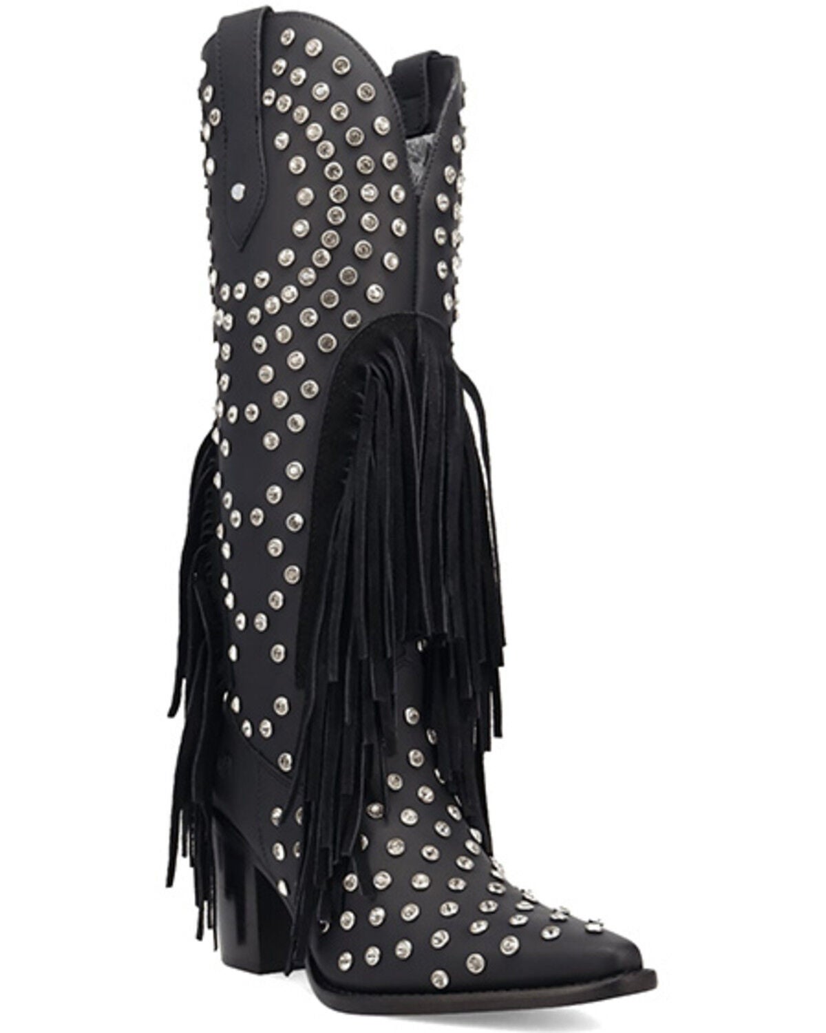 Dingo Women's Shoe Pony Fringe Rhinestone Tall Western Boots - Round Toe, Black, hi-res