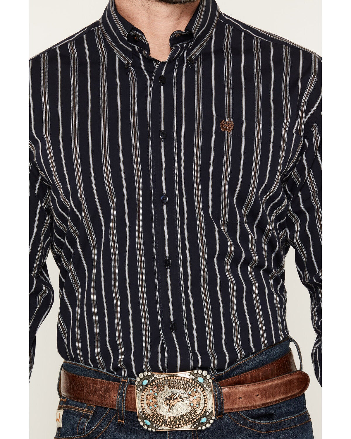 Image #3 - Cinch Men's Dobby Striped Print Long Sleeve Button-Down Western Shirt, Navy, hi-res