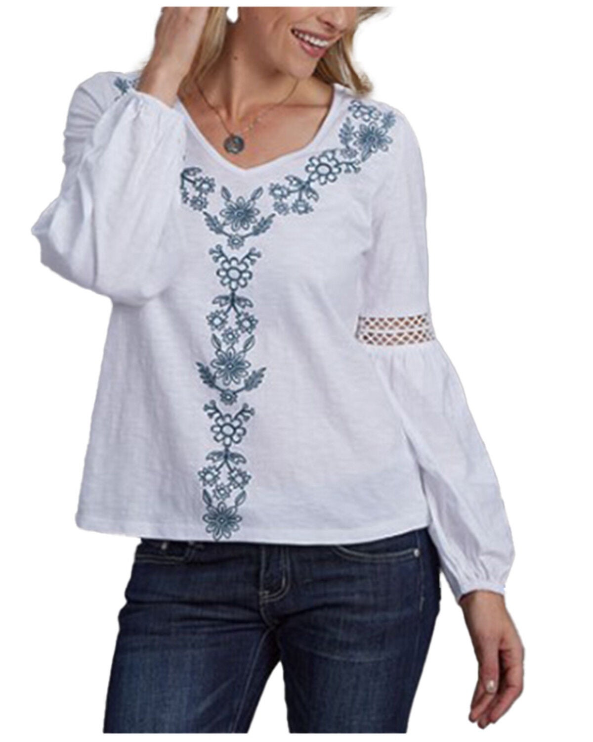 Roper Women's Floral Embroidered Long Sleeve Top, White, hi-res