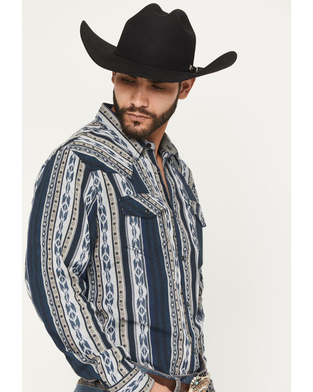Image #2 - Cody James Men's Ford Southwestern Stripe Print Long Sleeve Snap Western Shirt, Blue, hi-res