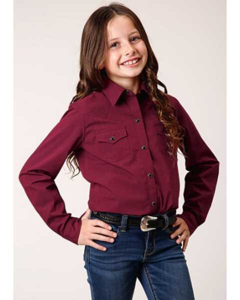 Image #1 - Roper Girls' Ruby Falls Solid Long Sleeve Snap Western Shirt, Wine, hi-res