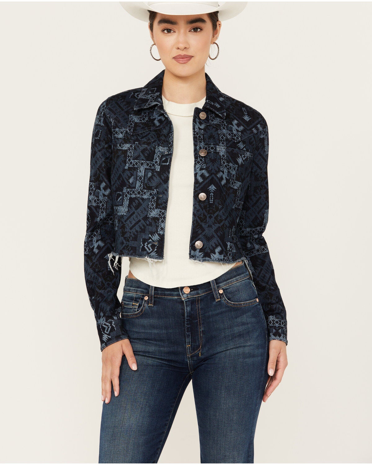 Shyanne Women's Printed Cropped Frayed Jacket, Dark Wash, hi-res