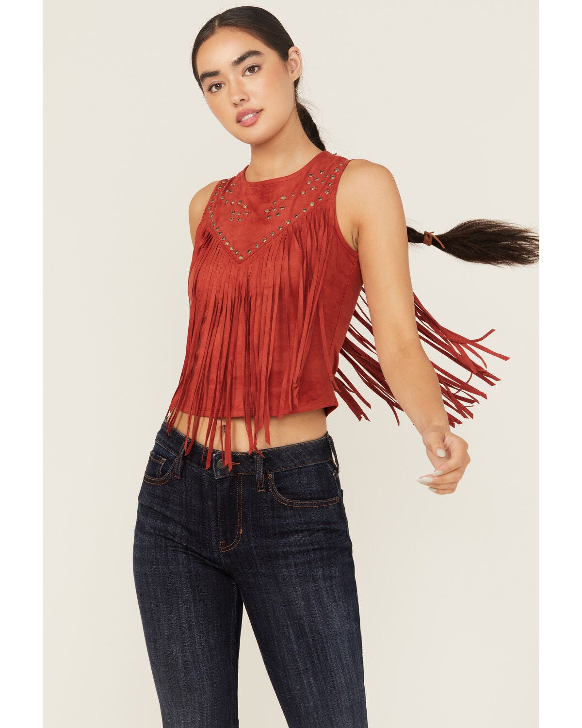 Idyllwind Women's Studded Fringe Faux Suede Sleeveless Shirt, Red, hi-res