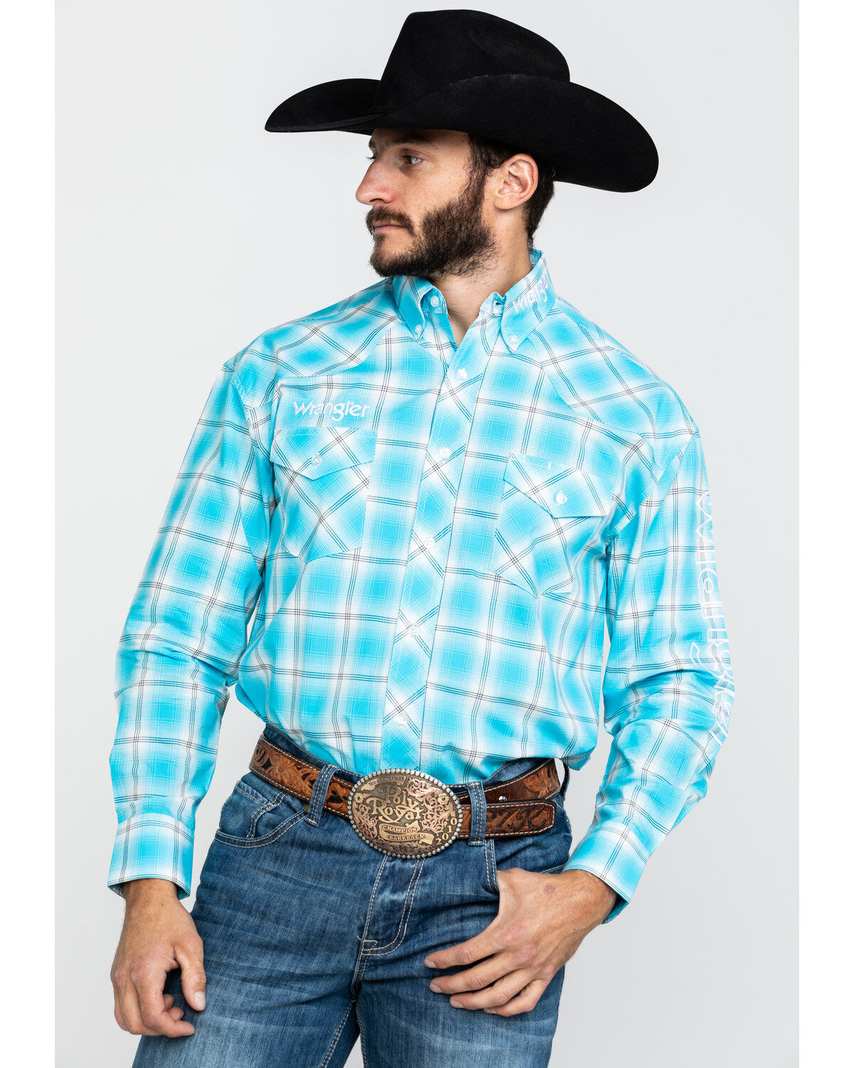 Image #1 - Wrangler Men's Turquoise Logo Large Plaid Long Sleeve Western Shirt , , hi-res
