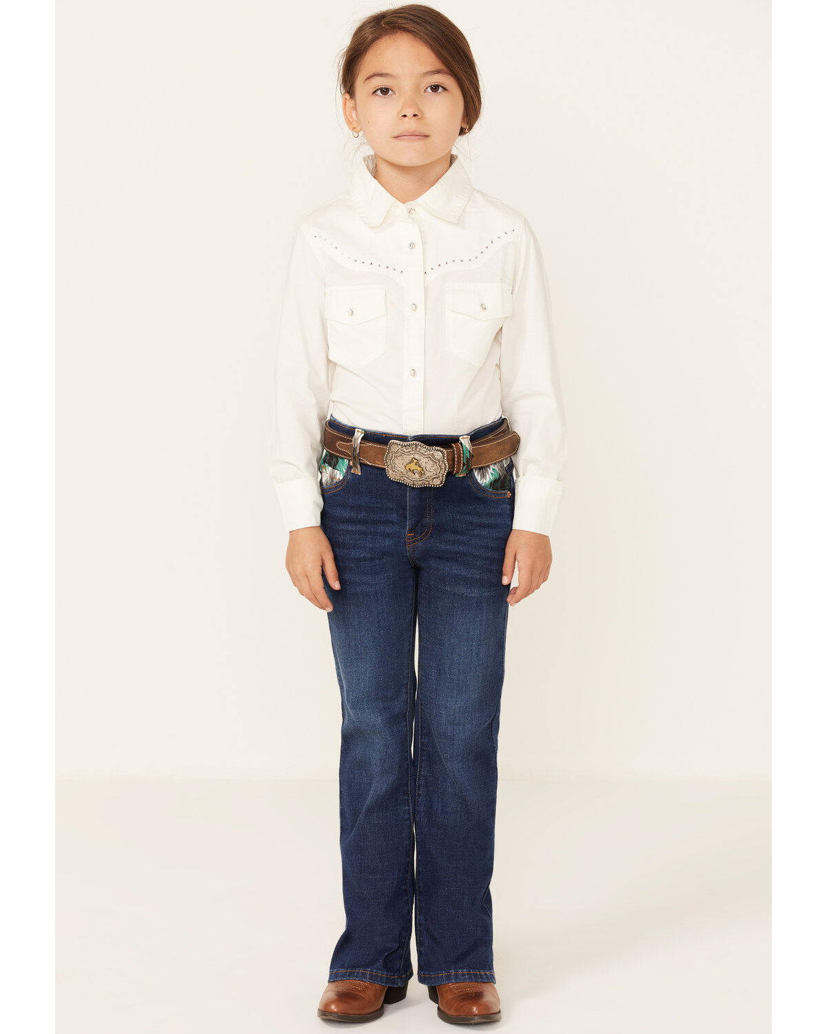 Image #1 - Ranch Dress'n Girls' Medium Wash Southwestern Pocket Stretch Regular Bootcut Jeans, Blue, hi-res