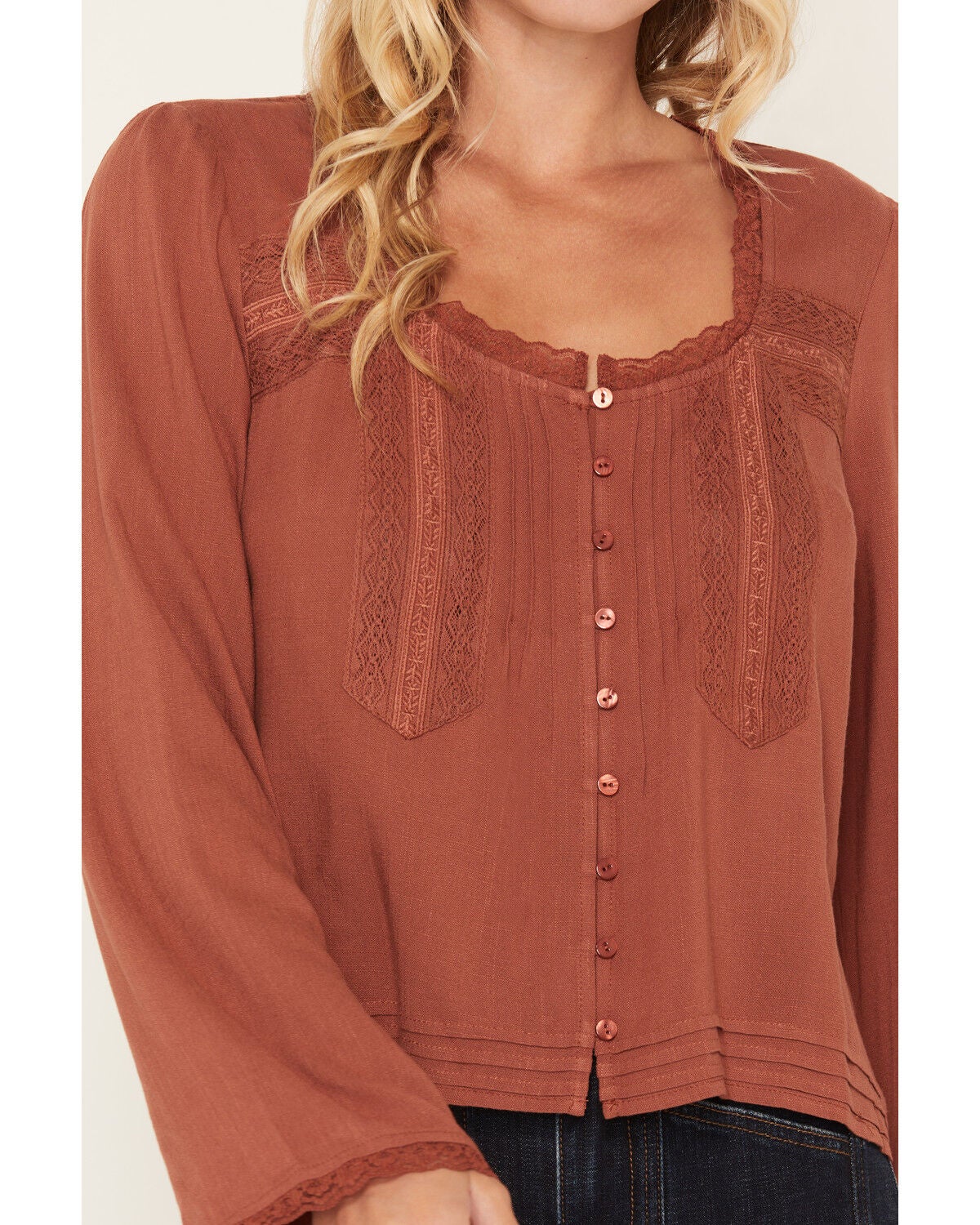 Image #3 - Lovestitch Women's Long Sleeve Lace Trim Top, Dusty Rose, hi-res