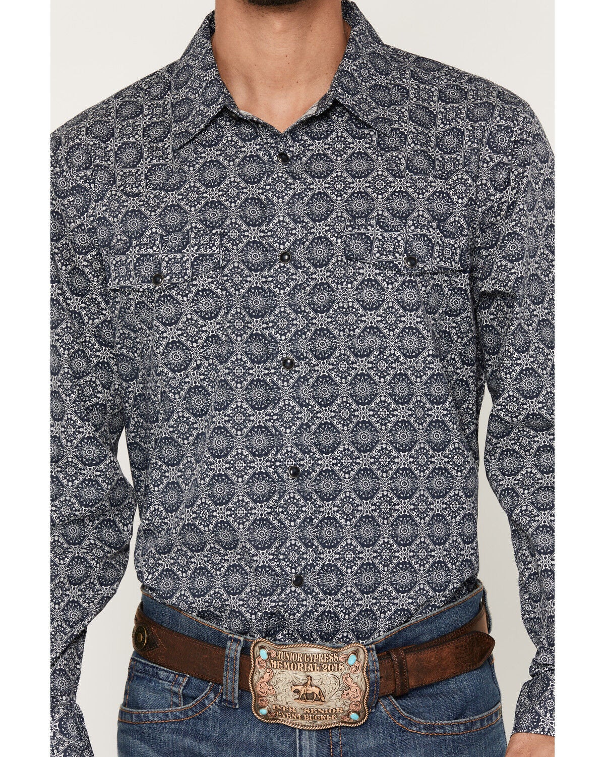 Image #3 - Gibson Trading Co Men's Moroccan Mood Medallion Print Long Sleeve Snap Western Shirt, Navy, hi-res